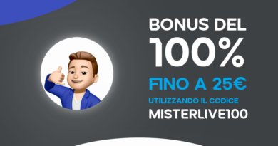 Bonus benvenuto scommesse MISTERLIVE100